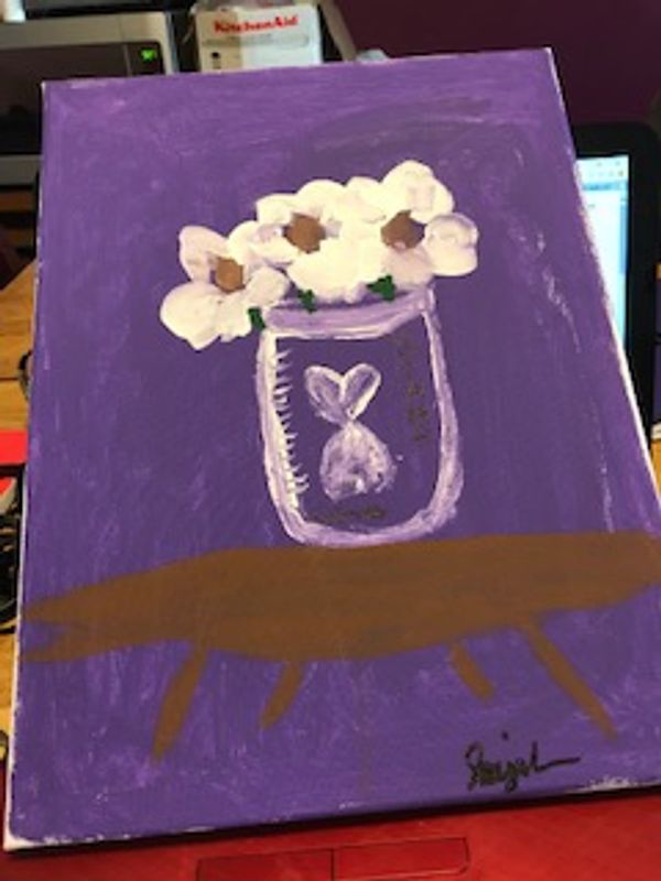 A mason jar flower painting signed by Swiyah